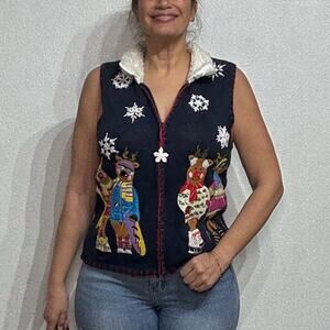 White Stag Navy Reindeer Vintage Sweater Vest Sz M